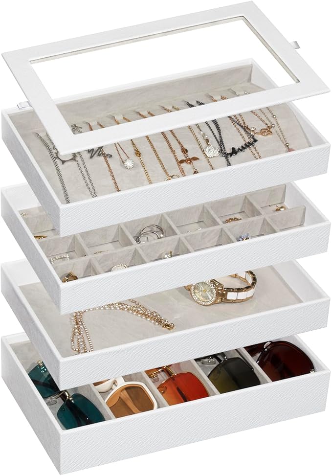 Stackable Jewelry Tray with Glass Lid,Jewelry Organizers for Drawer Insert,Jewelry Organizers and Storage for Rings Earring Necklace Watch Bracelet,White,4 Layers