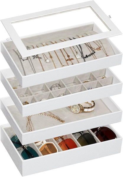 Stackable Jewelry Tray with Glass Lid,Jewelry Organizers for Drawer Insert,Jewelry Organizers and Storage for Rings Earring Necklace Watch Bracelet,White,4 Layers