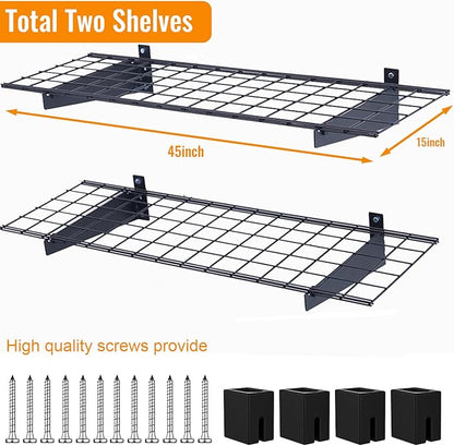 Wallmaster 2-Pack 15x45 Heavy Duty Garage Wall Shelving 45-inch-by-15-inch Wall Mount Garage Storage Rack Floating Shelves Max Load 400lb Black