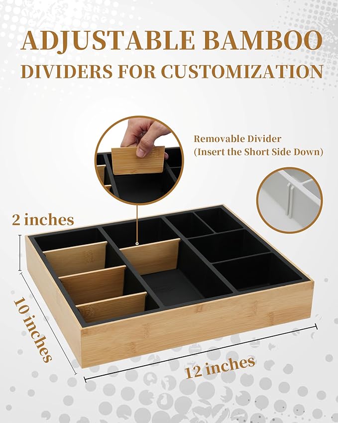 Office Drawer Organizer, Bamboo Desk Drawer Organizer with 4 Removable Dividers, Desk Organizers and Accessories with 10 Adjustable Compartments for Office Home Gray