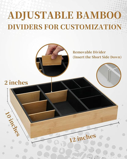 Office Drawer Organizer, Bamboo Desk Drawer Organizer with 4 Removable Dividers, Desk Organizers and Accessories with 10 Adjustable Compartments for Office Home (Gray)