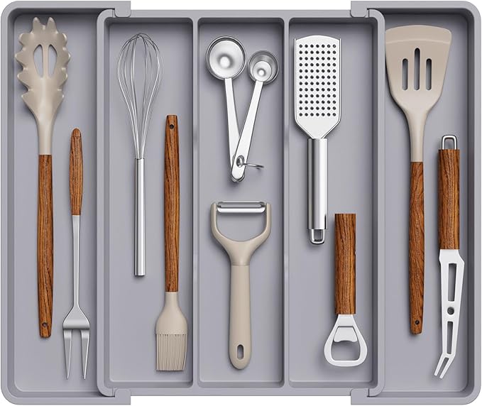 Lifewit Cooking Utensil Drawer Organizer, Expandable from 11 to 18 inches, Adjustable Cutlery Silverware Tray, Plastic Flatware Spatula Holder, Kitchen Tools Gadgets Storage Divider, Gray