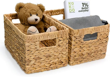 KOKODO Wicker Storage Basket, Set of 2 Handwoven Woven Baskets for Storage, Rectangular Water Hyacinth Baskets with Handles for Shelves, Closet & Home Organizing