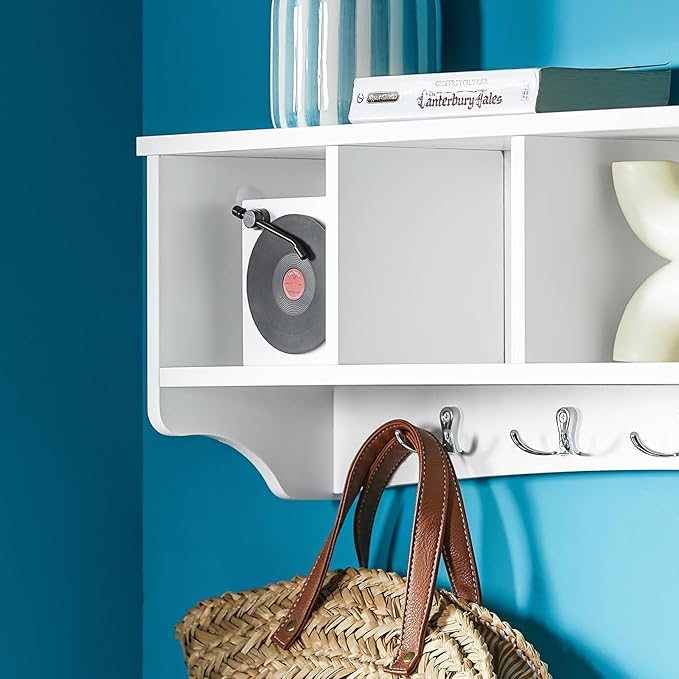 Haotian White Wall Shelf with Coat Hooks, Wall Coat Rack Entryway, Display Storage Unit with 4 Components 5 Bathroom Kitchen Cupboard, FRG48-L-W