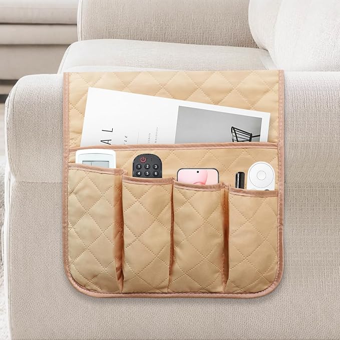 AUVCAS Sofa Armrest Organizer Non-Slip Arm Chair Bedside Caddy Storage Organizer for Recliner Couch with 5 Pockets for Cell Phone TV Remote Control Magazines (LIGHT KHAKI)