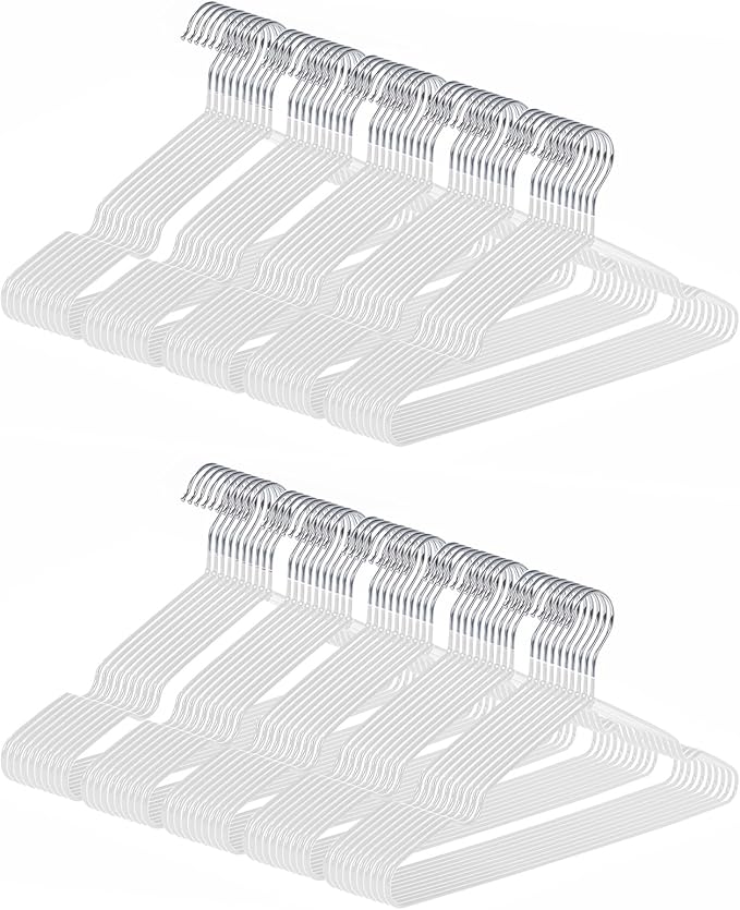 gofuch Ultra-Thin Metal Hangers, 100 Pack Non-Slip PVC Coated Space Saving Clothes Hangers for Closet, 16 inch Wide for Suits, Dresses, Jackets（White）
