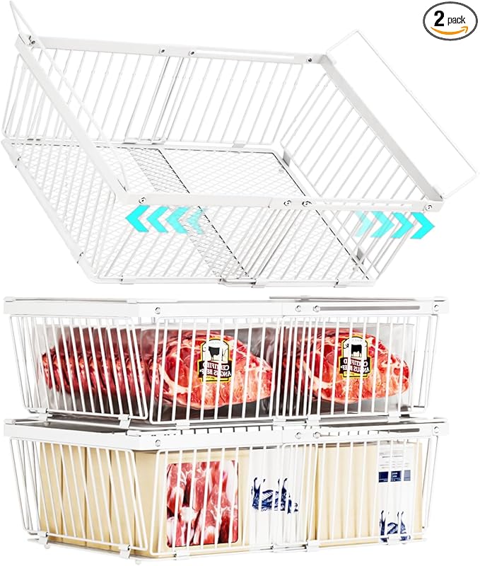 ANJUBAN Large Freezer Organizer Bins，Upgraded Bottom Leak-Proof net，2 Pack， Expandable Stackable Chest Freezer Containers with Handle，for Fridge, Deep Freezer, Cabinet, Kitchen, Pantry (White-3Pack)