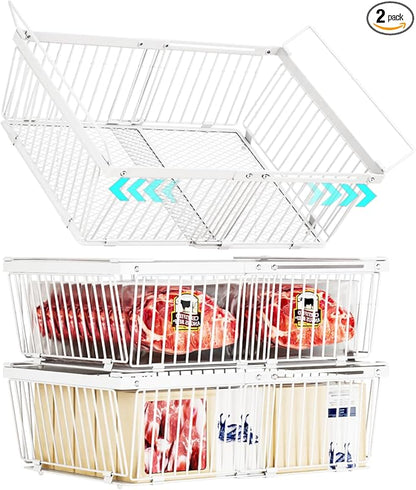 ANJUBAN Large Freezer Organizer Bins，Upgraded Bottom Leak-Proof net，2 Pack， Expandable Stackable Chest Freezer Containers with Handle，for Fridge, Deep Freezer, Cabinet, Kitchen, Pantry (White-3Pack)