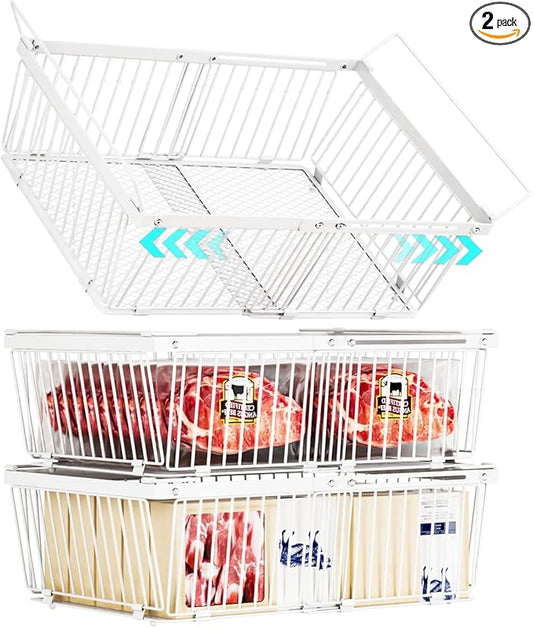 ANJUBAN Large Freezer Organizer Bins，Upgraded Bottom Leak-Proof net，2 Pack， Expandable Stackable Chest Freezer Containers with Handle，for Fridge, Deep Freezer, Cabinet, Kitchen, Pantry (White-3Pack)