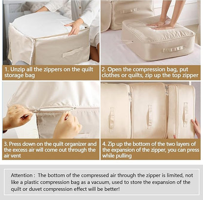 2 Pack Space Saving Comforter Storage Bag with Handle, 3-Layer Compression Blanket Storage Bags Adjustable In 3 Sizes (142L, 107L, 71L), Washable Bedding Organizer For Pillow Duvet Clothing Plush Toy