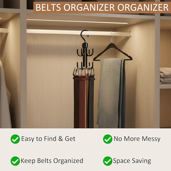 Lolytama 6Pcs Belt Hanger, Hanging Belt Holder for Closet,Rotating Belt Hooks for Hanging, Plastic Tie Hanger for Closet for Scarf,Bra,Tie Organizer