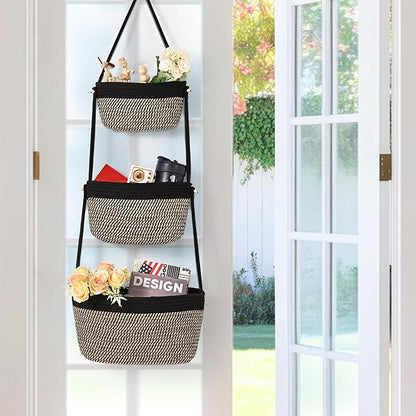 Hanging Storage Baskets, Over The Door Basket, Cotton Wall Baskets Storage, Hanging Door Basket with 4 Hooks