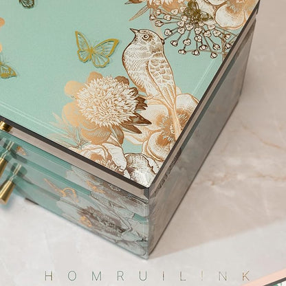 Homruilink High End Glass Jewelry Box - 3 Layer Jewelry Organizer - Velvet-Lined Case For Ring, Necklace, Earring, Bracelet Storage - Green Floral and Bird - Christmas Gifts For Women
