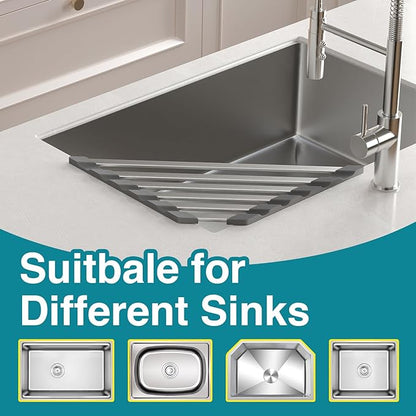 Corner Sink Drying Rack, 16"x9.5" Rust-Proof Aluminum Triangular Dish Drainer, Heat Resistant Roll Up Mat for Kitchen Counter, Sponge Holder & Organizer with Non-Slip Silicone Base, Gray