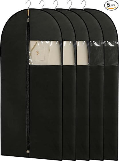 Garment Bags for Hanging Clothes, 50'' Long Dress Bags for Closet Storage, Black Garment Covers with Clear Window for Suits, Coats, Jackets（5 Packs）