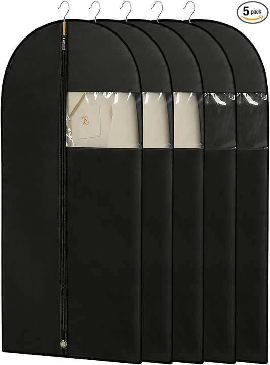 Garment Bags for Hanging Clothes, 50'' Long Dress Bags for Closet Storage, Black Garment Covers with Clear Window for Suits, Coats, Jackets（5 Packs）