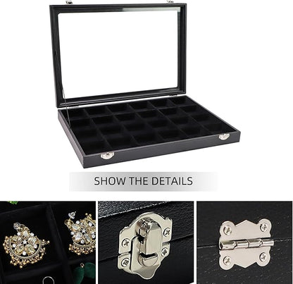 Wudygirl Jewelry Organizer Clear Lid 24 Grid Jewelry Box Case Organizer Showcase Display Jewelry Tray Removable Black Velvet Locked