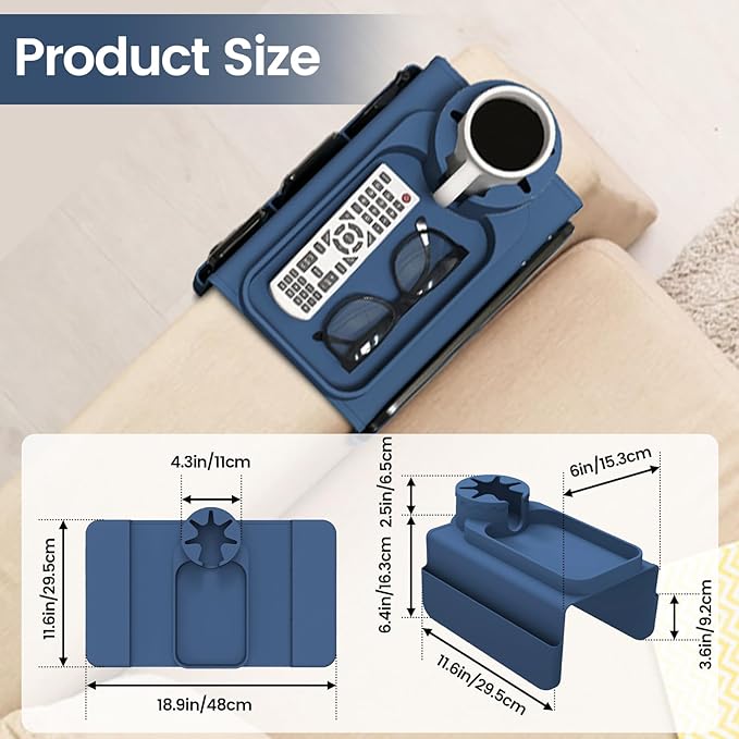 PANZIYU Couch Cup Holder Tray, Silicone Sofa Armrest organizer with Assesory Side Pockets for storage Remotes, Cell-phone,Tablet or Snack, Anti-Spill and Anti-Slip Couch Drink Holder Caddy(Blue)