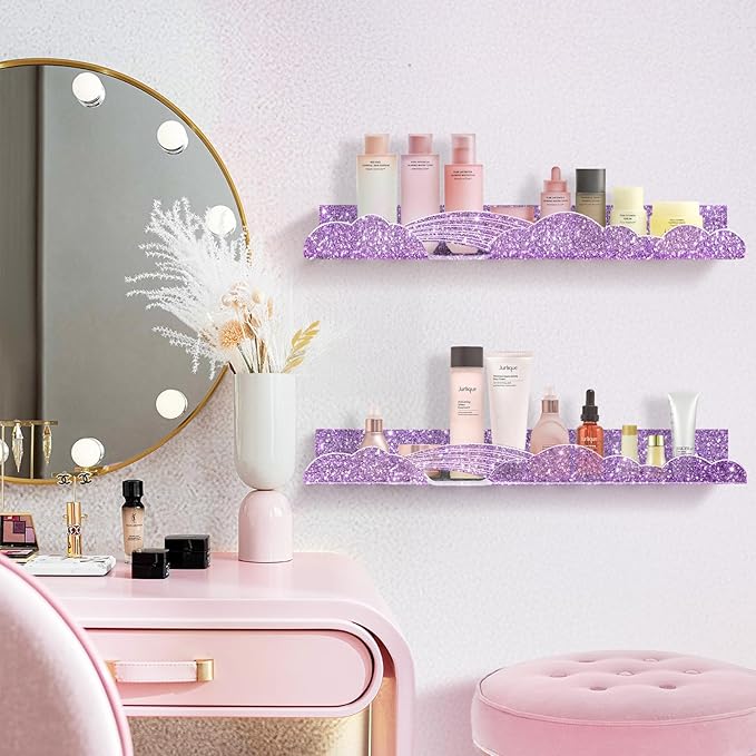 Rainbow Glitter Acrylic Floating Shelves, 15.7" Wall Mounted Nursery Bookshelves, Display Ledge for Books Toys Cosmetic Storage, Bathroom Bedroom Living Room Wall Organizer, 4 Pack, Purple