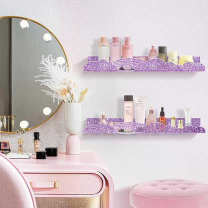 Rainbow Glitter Acrylic Floating Shelves, 15.7" Wall Mounted Nursery Bookshelves, Display Ledge for Books Toys Cosmetic Storage, Bathroom Bedroom Living Room Wall Organizer, 4 Pack, Purple
