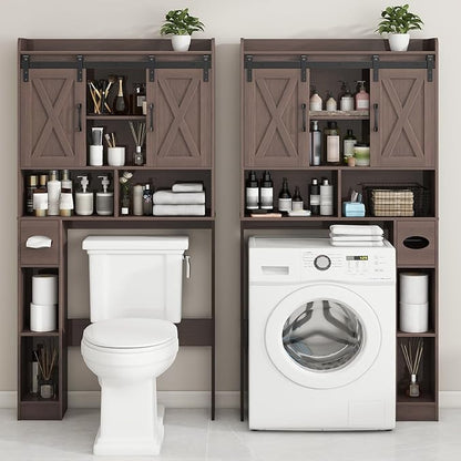 Vabches Over The Toilet Storage Cabinet, Farmhouse Storage Cabinet Over Toilet with Sliding Doors & Toilet Paper Holder Stand，Home Space-Saving Toilet Rack, for Bathroom, Laundry and Restroom