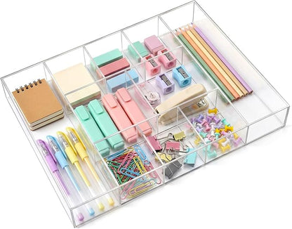 Briwooody Large Acrylic Desk Deep Drawer Organizer with Adjustable Dividers, Anti-Skip Clear Desk Top Organizer Tray for Pens, Desktop, Office, Bathroom, Kitchen, Makeup Supplies(10 Compartments)