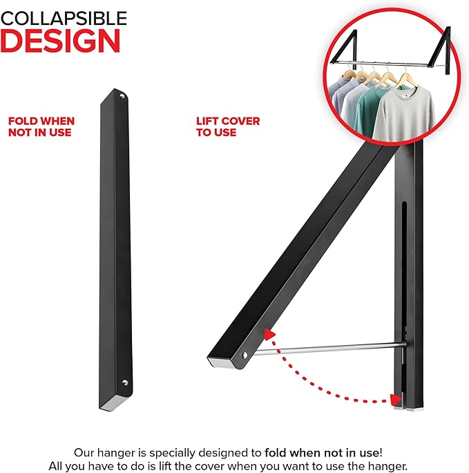 Double Foldable Clothing Rack w/ Extension Rod, Wall-Mounted Retractable Clothes Hanger for Laundry Dryer Room, Hanging Drying Rod, Small Collapsible Folding Garment Racks, Dorm Accessories (Black)