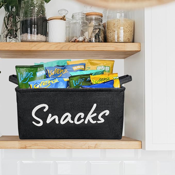 Snack Bin for Pantry - Snack Storage Basket Organizer for Storing Chips, Cookies, Pretzels, Popcorn and more - Kitchen Organization (Black 1pcs)
