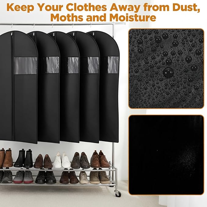 8 packs Garment Bags for Hanging Clothes, 40-inch Garment Bag for Travel and Storage, Washable Suit Bags for Closet Storage and Travel with Clear Window, Black