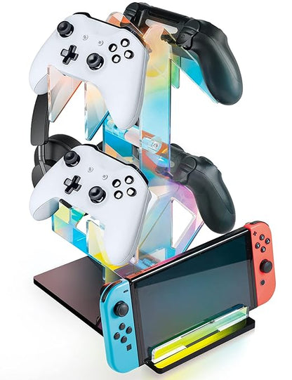 NiHome Iridescent Acrylic 2-Tier Universal Game Controller Headset Holder Rack, Modern Storage Organizer for PS5 Xbox ONE Switch Game Controllers and Headphones Anti-Slip Stable Gaming Accessory Stand