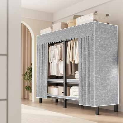 FPIGSHS 49.2in Heavy Duty Clothes Rack with Cover Foldable Covered Clothes Rack for Hanging Clothes portable Wardrobe Closet System Freestanding Coat Storage Garment Racks for bedroom (grey, 49.2in)