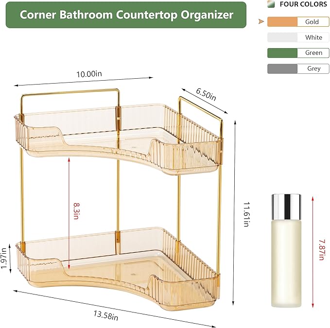 Weidace Corner Bathroom Counter Organizer Bathroom Countertop Shelf Makeup Organizer for Vanity Perfume Tray for Corner Storage (2 Tiers, Gold)