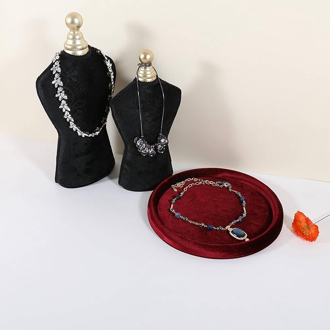 GemeShou Round Jewelry Organizer Plate, Top Microfiber Velvet Jewelry Display Tray, Empty Jewelry Showcase Tray for Necklaces, Bracelets, Rings, Earrings (Red-Large, 9.8 x 9.8 in)