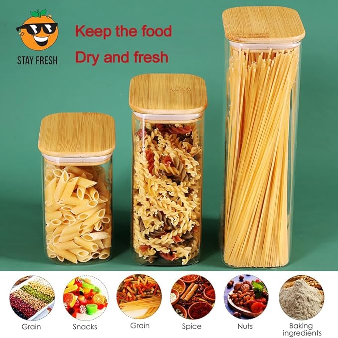 68oz Glass Storage Containers Set of 3 with Lids, Ideal for Pasta, Pickles, Rice, Chia Pudding, Coffee, Spices, Snacks - Tall Jars, Yogurt & Meal Prep Containers for Kitchen Organization