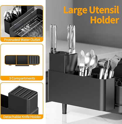 Urackify Dish Rack for Kitchen Counter, 304 Stainless Steel Dish Drying Rack, Expandable Dish Drainer, Foldable Kitchen Storage Organizer with Cutlery Holder, Plate Rack, Black