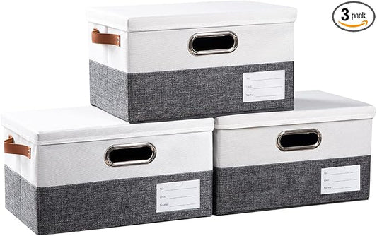 PRANDOM Storage Boxes with Lids [3-Pack] Linen Fabric Foldable Storage Bins Organizer Containers Baskets Cube with Cover for Closet Office Nursery Grey&White（11.4X8.6X6.7