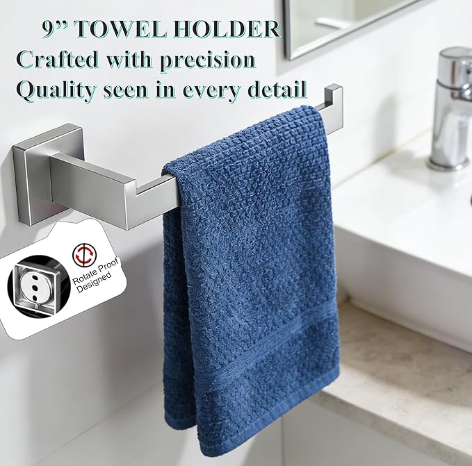 6 Pieces Bathroom Accessories Towel Bar SUS304 Stainless Steel Brushed Nickel Towel Holder Wall Mounted Heavy Duty Towel Rack Bathroom Towel Rod Modern Square Base Design(6, Brushed Nickel, 24 Inch)