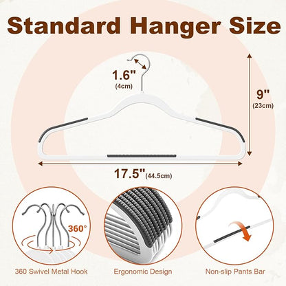 HOUSE DAY Heavy Duty Plastic Hangers 30 Pack, Non Slip Clothes Hangers with Rubber Pads and 360° Hook - Thin 0.2 Inch, Space Saving Coat Hanger White, Closet Organizer for Shirt, Pants, Suit, Skirt