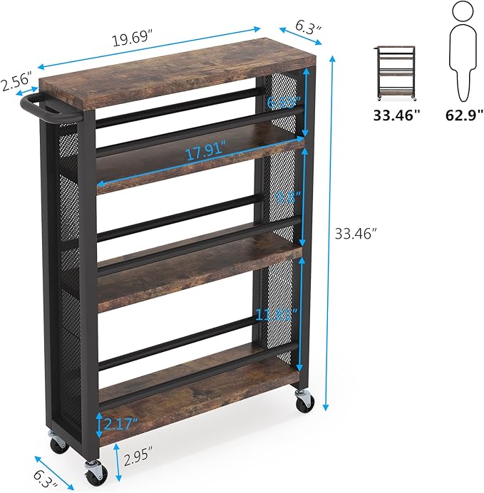 Tribesigns Slim Rolling Utility Carts with Wheels,4-Tier Narrow Kitchen Trolley Cart for Small Space,Wood Spice Storage Rack