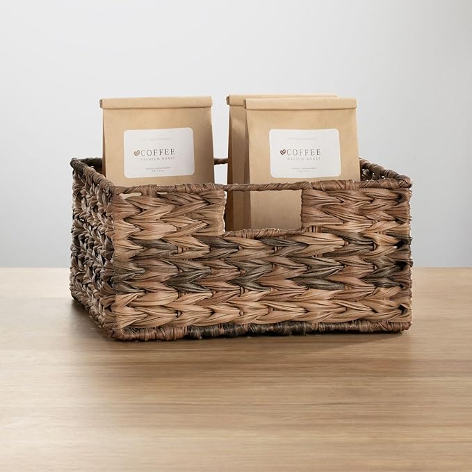 mDesign Woven Farmhouse Kitchen Pantry Food Storage Organizer Basket Bin Box - Container Organization for Cabinets, Cupboards, Shelves, Countertops - Store Potatoes, Onions, Fruit, 3 Pack, Brown Ombre