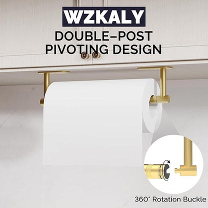 Paper Towel Holder Under Cabinet, Self Adhesive or Wall Mounted SUS304 Stainless Steel Paper Towel Holder for Kitchen, Farmhouse, Barbecue and Laundry (Brushed Gold)