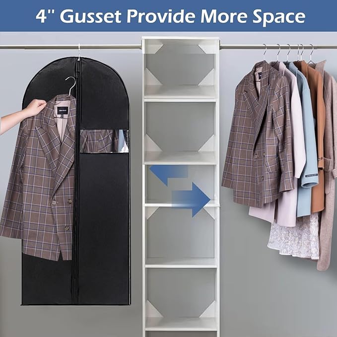 Garment Bag, 24'' x 55'' Suit Bag, 4 Packs, Dress Bags for Gowns, Garment Bags for Travel, Travel Garment Bag, Garment Bags for Hanging Clothes, Washable Suit Cover for Suits, Coats (Black)
