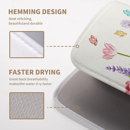 Spring Floral Dish Drying Mat Tulip Lavender Flower Dishes Pad Absorbent Microfiber Dish Draining Mat Washable Medium Dish Drainer Rack Mats for Kitchen Counter 16"x18"