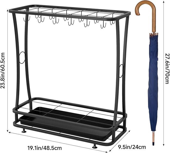 tonchean Metal Umbrella Holder Entryway with Removable Drip Tray,Umbrella Stand with 24 Hooks and 21-Slots,Umbrella Rack Storage for Indoor Outdoor Home Office Entryway(Black)