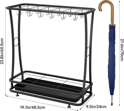 tonchean Metal Umbrella Holder Entryway with Removable Drip Tray,Umbrella Stand with 24 Hooks and 21-Slots,Umbrella Rack Storage for Indoor Outdoor Home Office Entryway(Black)