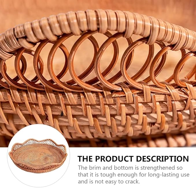 Hand-Woven Storage Basket Rattan Storage Tray Wicker Baskets Bread Fruit Food Breakfast Display Container Box Handicrafts Home Decoration (Set of 2 Pack)