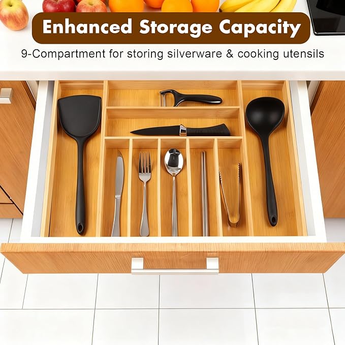 Bamboo Drawer Organizer, Expandable Flatware Cutlery Tray, 9 Slots Adjustable Kitchen Utensil Drawer Dividers Silverware Tray Holder for Spoons, Forks, Knives (Natural)
