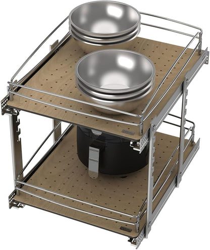 Rev-A-Shelf 2 Tier Pull Out Kitchen Cabinet Storage Organizer with Solid Bottom & Undermount Soft-Close Full Extension Slides, 54BK-18SC-2-1