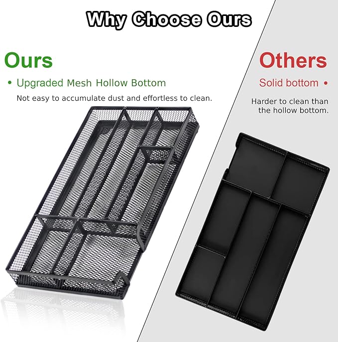 Desk Drawer Organizer Tray, Metal Mesh Drawer Office Drawer Organizer w/6 Compartment, Small Desk Organizer Tray for Home Office School Supplies, Desktop, 11X 6 X 1.45in, Black