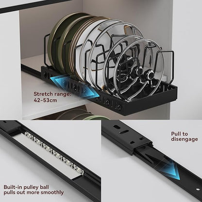2PCS Black Pot Lid Organizer, Pull-out Pots and Pans Organizer, Under Cabinet Pot Lid Holder for Kitchen, Sliding type Pots and Pans Storage with 16 Adjustable Dividers for Cabinet Pantry Countertop